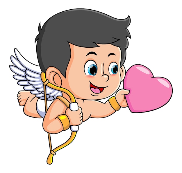 El niño cupido le está dando el corazón a la gente.