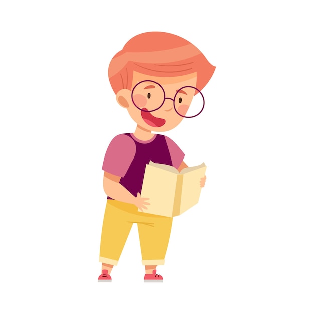 Niño curioso con gafas estudiando el espacio y las galaxias leyendo un libro sobre planetas solares ilustración vectorial