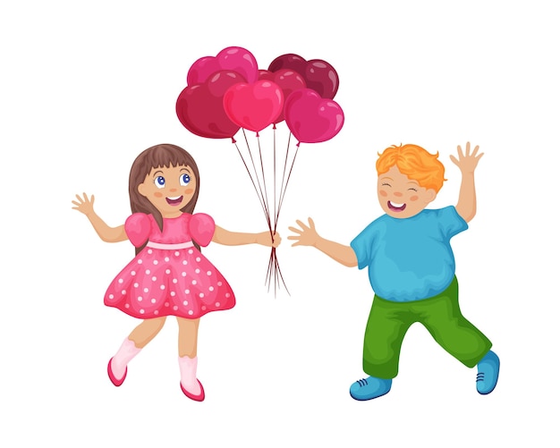 Un niño le da a una niña globos en forma de corazónun niño enamorado le da un regalo a una niña niños en valen