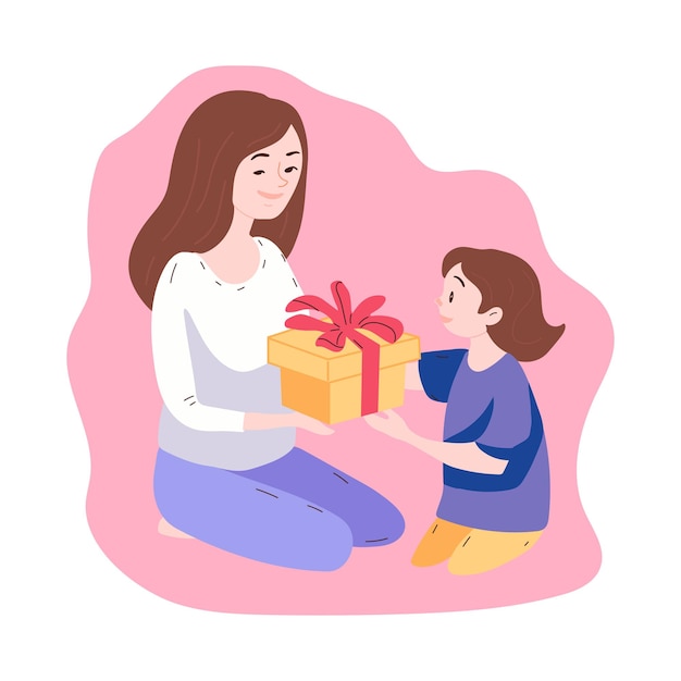 Vector el niño le da a su madre un regalo ilustración de dibujos animados vectoriales para el día de la madre o cumpleaños