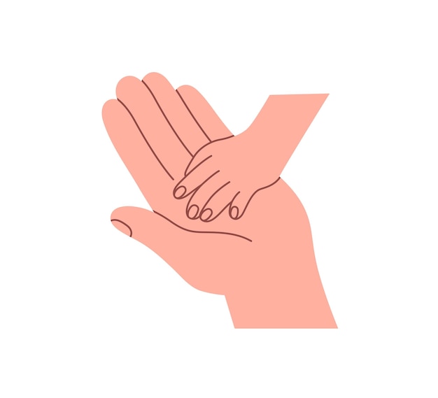 Niño dando una pequeña mano pequeña a la palma grande del padre adulto Apoyo de cuidado ayuda concepto de confianza y amor Protección de la relación padre-hijo Ilustración vectorial plana aislada sobre fondo blanco