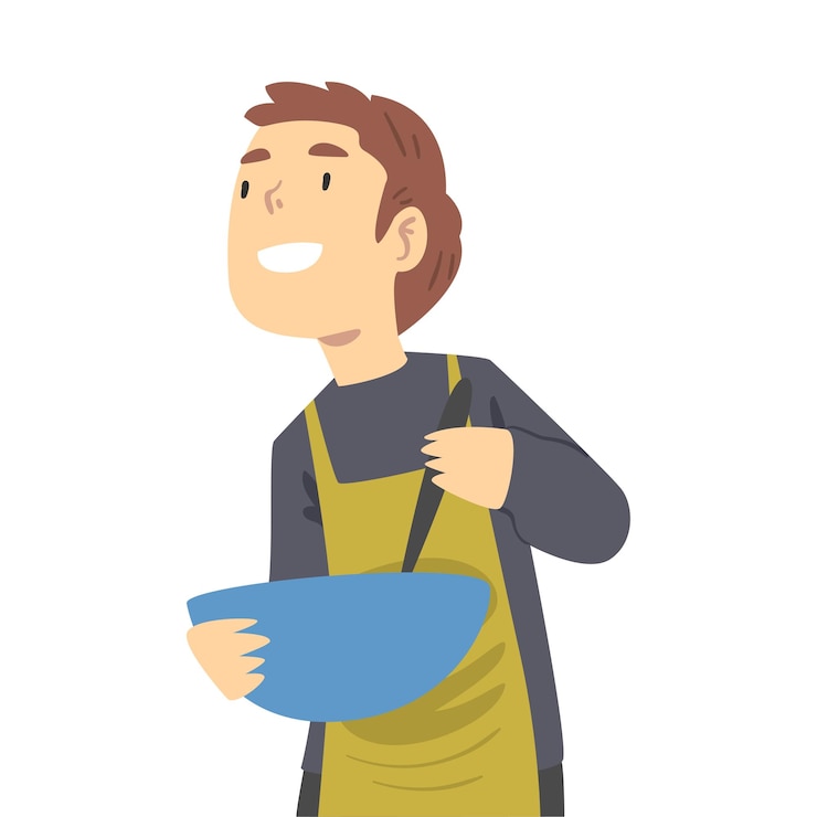Vector niño con delantal cocinando en la cocina adolescente mezclando masa en un cuenco ilustración vectorial al estilo de dibujos animados
