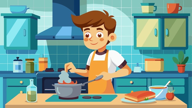 un niño en un delantal cocinando en una cocina con una olla de comida