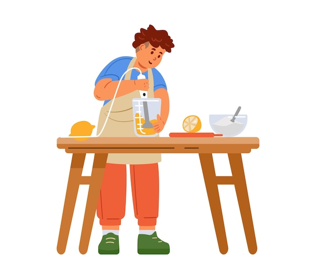 Niño con delantal haciendo un relleno de limón usando una licuadora