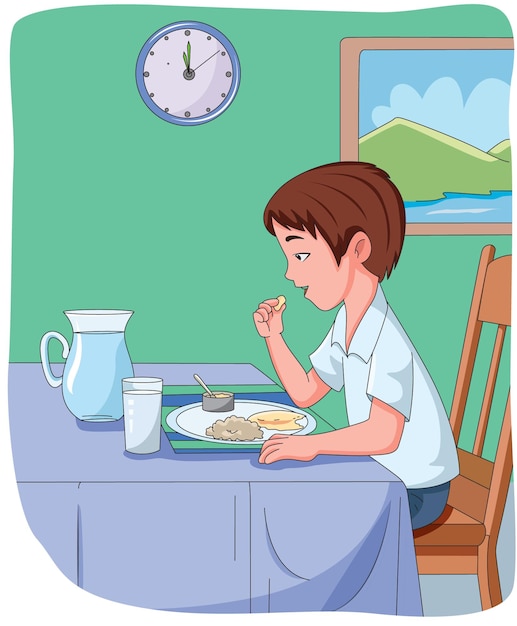 Niño desayunando ilustración vectorial