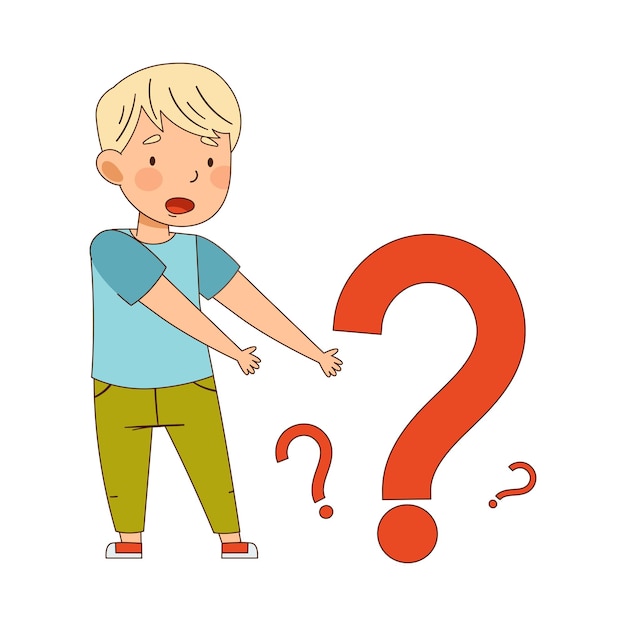 Niño desconcertado señalando el signo de pregunta Ilustración vectorial de asombro