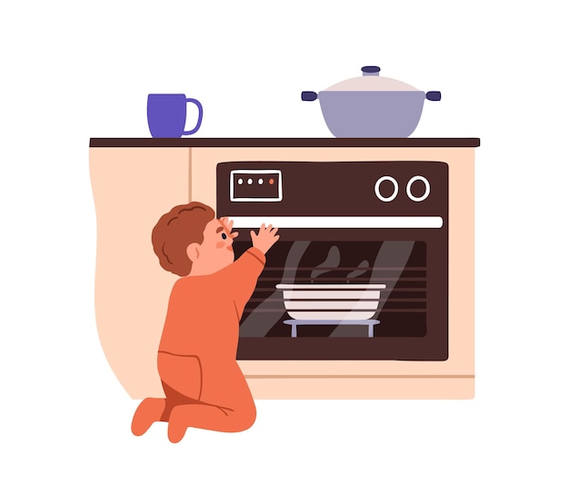 Niño descuidado en la estufa caliente Niño tocando el horno Situación peligrosa insegura Riesgo de quemaduras en la cocina del hogar Bebé en peligro Ilustración gráfica vectorial plana aislada en fondo blanco