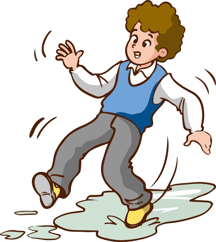 Vector niño deslizándose en la ilustración de vector de dibujos animados de piso mojado