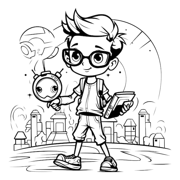 Vector niño con despertador en la ciudad ilustración vectorial en blanco y negro