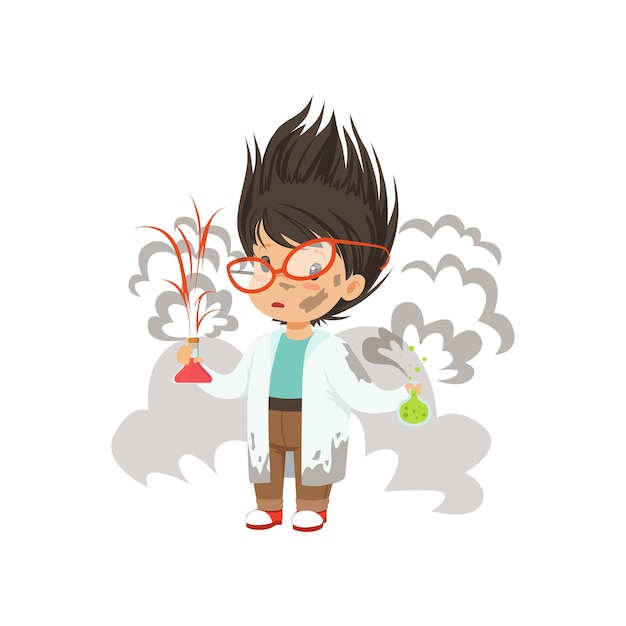 Niño después de un experimento químico fallido vector Ilustración aislada sobre un fondo blanco