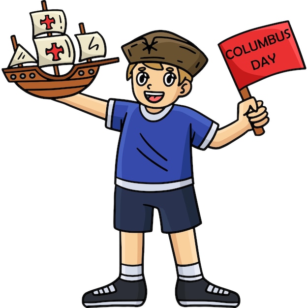 Niño del Día de Colón con un modelo de barco Clipart de dibujos animados