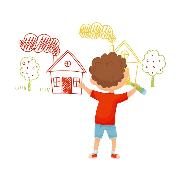 Niño dibujando una casa con lápiz en la pared Ilustración vectorial