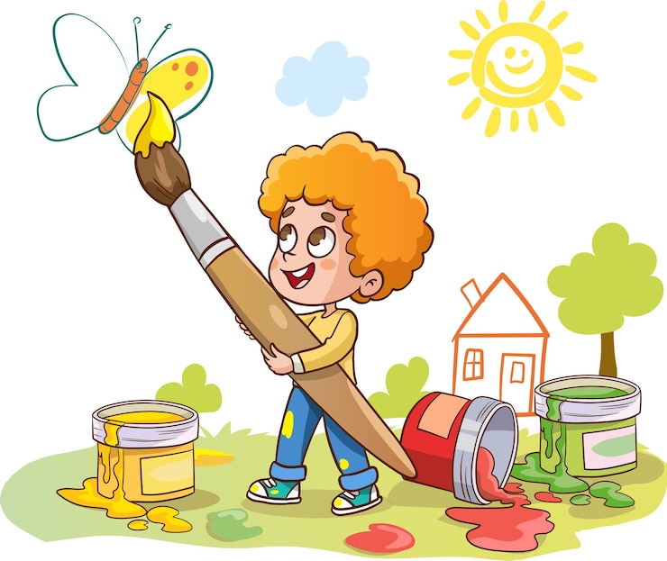 Vector niño dibujando garabatos en las paredes los niños dibujan con rotuladores y lápices de colores