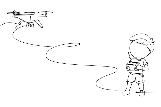 Niño dibujando con un solo dibujo de una línea con dron de control remoto Niño jugando con un cuadricóptero Niño feliz controlando un drone de cámara robot volador Diseño de dibujo de línea continua moderna Ilustración vectorial gráfica