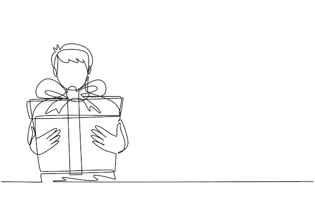Un niño con un dibujo de línea continua sosteniendo una gran caja de regalos envuelta en un arco de cinta delante de él en los brazos.