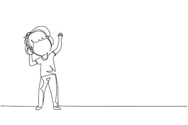 Niño de dibujo de una sola línea escuchando música con auriculares en la cabeza Niño usando audífonos y audífonos escuchando música y bailando Ilustración de vector gráfico de diseño de línea continua