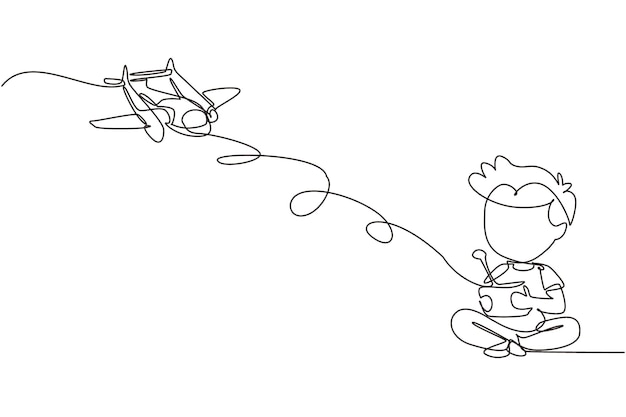 Niño de dibujo de una sola línea jugando con un avión de juguete con control remoto Niños lindos jugando con un juguete de avión electrónico con control remoto en las manos Vector gráfico de diseño de dibujo de línea continua moderna