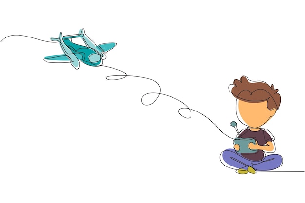 Niño de dibujo de una sola línea jugando con un avión de juguete con control remoto Niños lindos jugando con un juguete de avión electrónico con control remoto en las manos Vector gráfico de diseño de dibujo de línea continua moderna