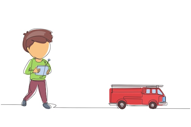 Niño de dibujo de una sola línea jugando con un camión de bomberos con control remoto Niños lindos jugando con un camión de bomberos de juguete electrónico con control remoto en las manos Vector gráfico de diseño de dibujo de línea continua