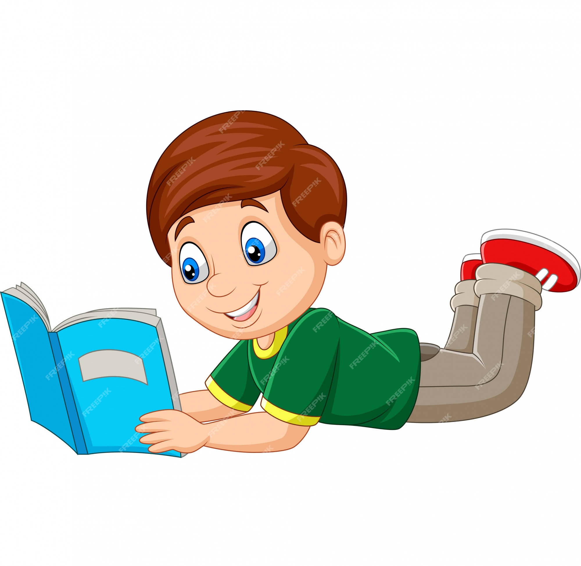 Niño de dibujos animados acostado y leyendo un libro | Vector Premium