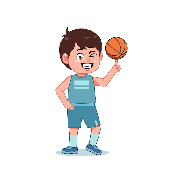 Niño de dibujos animados asiático jugando al baloncesto girando la pelota
