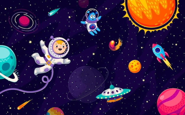 Vector niño de dibujos animados astronauta extraterrestre ovni y cohete en el espacio galáctico vector niño cosmonauta personaje que explora la vasta extensión del universo flota entre planetas y se encuentra con lanzadera o nave estelar