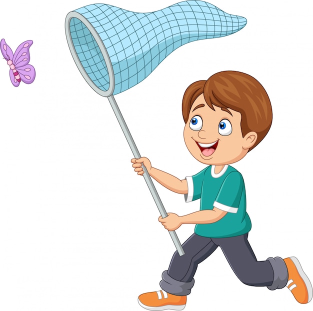 Niño de dibujos animados atrapar una mariposa | Vector Premium