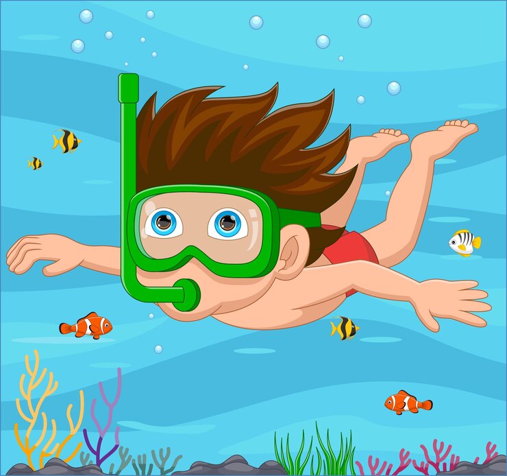 Vector niño de dibujos animados buceando en el mar submarino