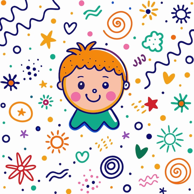 Un niño de dibujos animados con cabello naranja y una camisa verde sobre un fondo blanco con formas abstractas coloridas a su alrededor