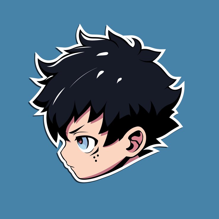 Un niño de dibujos animados con cabello negro y fondo azul.
