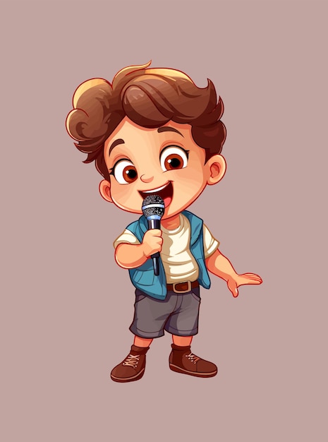 Un niño de dibujos animados con el cabello rizado sosteniendo un micrófono y cantando con entusiasmo