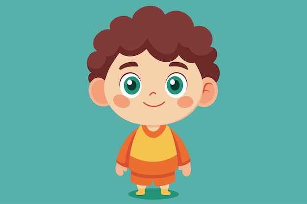 Vector un niño de dibujos animados con una camisa amarilla y pantalones naranjas está sonriendo