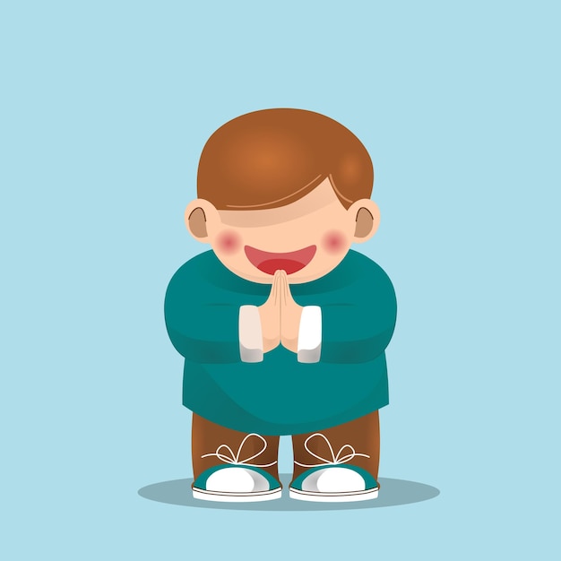Un niño de dibujos animados con una camisa azul y pantalones está de pie y sonriendo.