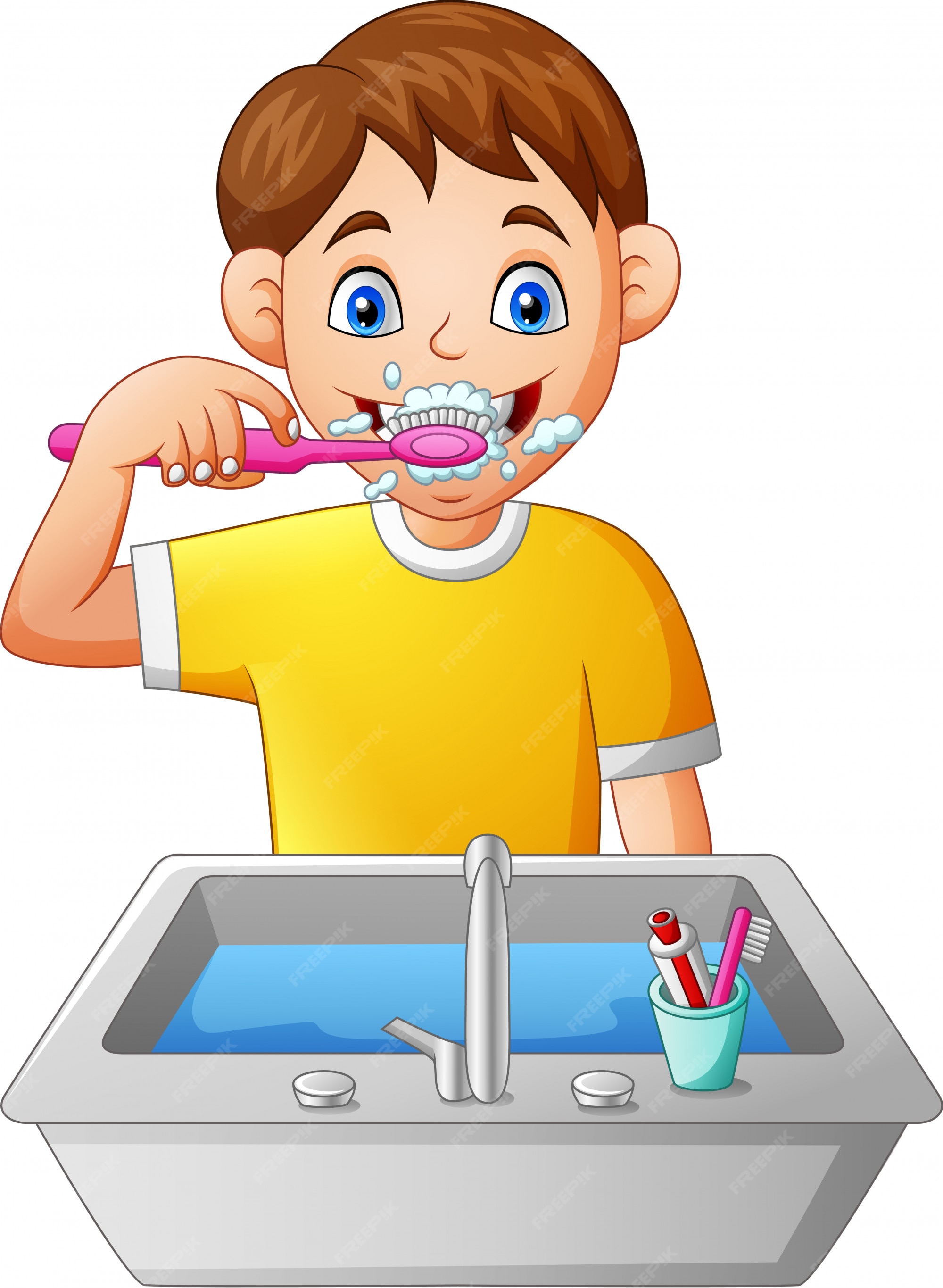 Niño de dibujos animados cepillarse los dientes | Vector Premium