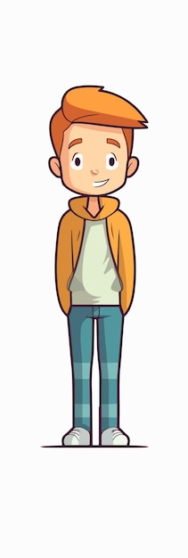 Vector un niño de dibujos animados con una chaqueta amarilla y jeans azules.