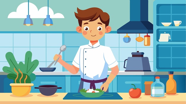 un niño de dibujos animados en una cocina con un cuenco de comida