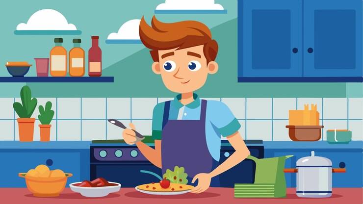 Vector un niño de dibujos animados en una cocina con un plato de comida y un cuchillo