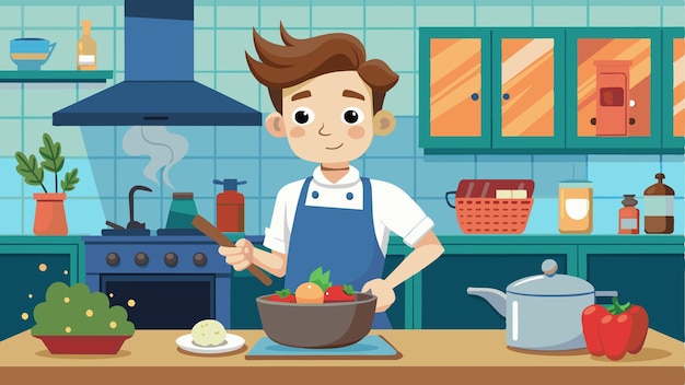 un niño de dibujos animados cocinando en una cocina con un cuenco de comida