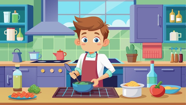 un niño de dibujos animados cocinando en una cocina con una olla de comida