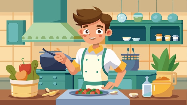 un niño de dibujos animados cocinando en una cocina con un plato de comida