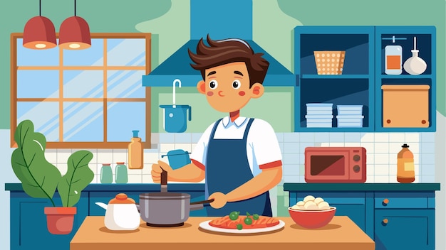 un niño de dibujos animados cocinando en una cocina con una sartén de comida