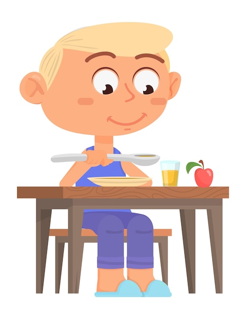 Niño de dibujos animados comiendo. Chico lindo sentado en la mesa de la cena