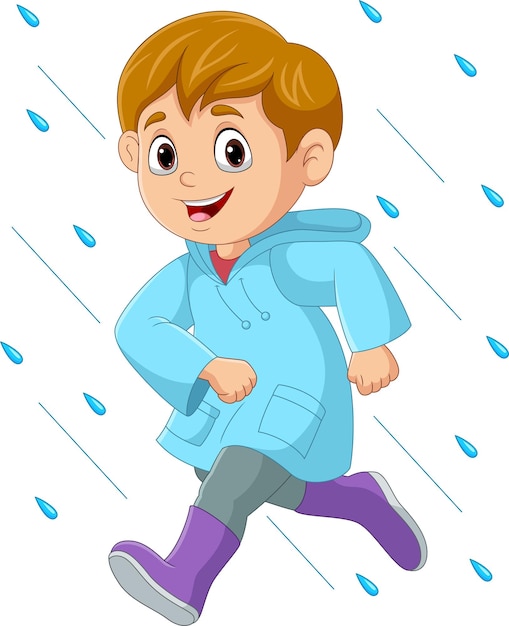 Niño de dibujos animados corriendo con impermeable y botas bajo la lluvia