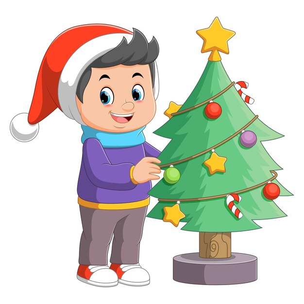 Niño de dibujos animados decorando un árbol de navidad con bolas
