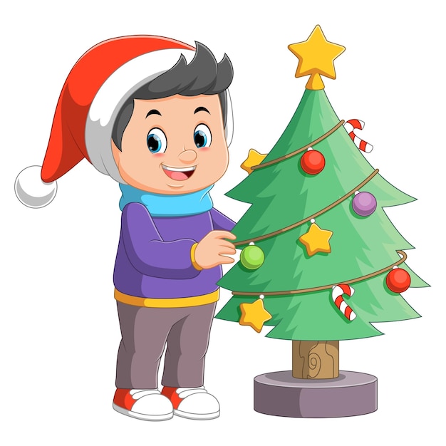 Niño de dibujos animados decorando un árbol de Navidad con bolas