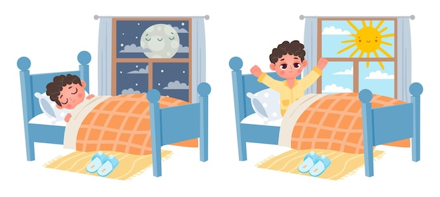 Vector niño de dibujos animados dormir por la noche, despertar por la mañana. niño en la cama y ventana con luna o sol. dulce sueño y vector de sueño saludable. ilustración de dormir descansar y despertar en cómodos pijamas.