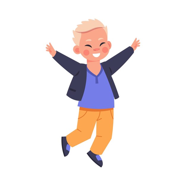 Niño de dibujos animados feliz Personaje alegre sonriendo y saltando Niño adolescente riendo Persona alegre Amistad de niños de la escuela Pose de bebé emocionado Vector adolescente expresión de emoción positiva