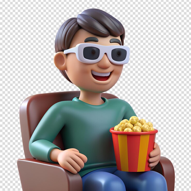 Vector niño de dibujos animados con gafas 3d con palomitas de maíz sentado en la acogedora silla y viendo una película