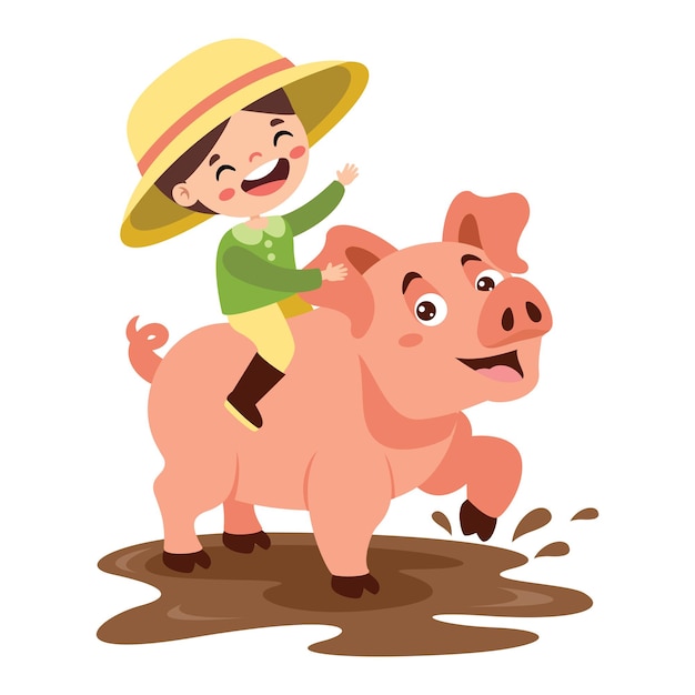 El niño de dibujos animados gracioso montando cerdo