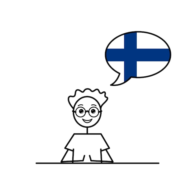 Niño de dibujos animados de habla finlandesa con burbuja de habla en la bandera de Finlandia colorea personaje masculino aprendiendo idioma finlandés vector ilustración línea negra boceto